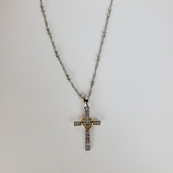 Sterling Silver Rhodium Plated Cross Gold Heart Swarovski Crystals Necklace - Picture 5 of 7